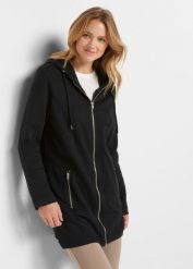Długa bluza rozpinana z kieszeniami z zamkiem. Czarne bluzy damskie bonprix, bez wzorów, z kapturem. Za 149.99 zł.