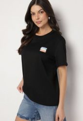 Czarny T-shirt z Małym Nadrukiem Tenalera. Czarne t-shirty damskie Born2be, l, bez wzorów, bez kołnierzyka. Za 29.99 zł.