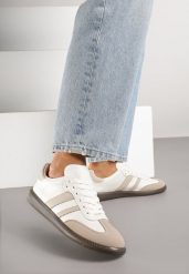 Beżowo-Białe Casualowe Sneakersy na Płaskiej Podeszwie z Paskami Jereria. Brązowe obuwie sportowe damskie Renee, z jeansu, bez zapięcia. Za 99.99 zł.