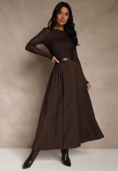 Brązowa Rozkloszowana Spódnica z Wiskozy z Dodatkowym Paskiem z Klamrą Lowedina. Brązowe spódnice damskie Renee, l, bez wzorów, z wiskozy, maxi. Za 139.99 zł.