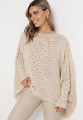 Jasnobeżowy Luźny Sweter w Stylu Ponczo Kossela. Brązowe swetry klasyczne damskie Born2be, z jeansu, bez kołnierzyka. Za 84.99 zł.