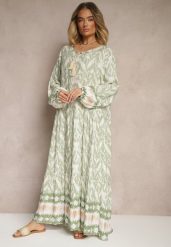 Zielona Wiskozowa Sukienka z Printem w Stylu Boho z Chwostami Erianea. Zielone sukienki damskie Renee, bez wzorów, z wiskozy, boho, bez ramiączek. W wyprzedaży za 63.99 zł.