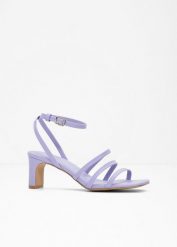 Sandały z paseczkami na wąskim obcasie. Fioletowe sandały damskie bonprix, bez wzorów, bez obcasa, na obcasie, bez zapięcia. Za 124.99 zł.