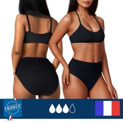 Dół menstruacyjnego stroju kąpielowego nastolatki wysoki stan duża chłonność. Czarne bikini PLIM UNDERWEAR, bez wzorów. Za 169.99 zł.