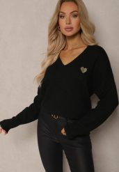 Czarny Sweter z Wełną i Dekoltem w Serek Ziviola. Czarne swetry klasyczne damskie Renee, z jeansu, bez kołnierzyka. Za 119.99 zł.