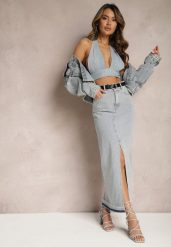 Jasnoniebieska Ołówkowa Spódnica Jeansowa z Ozdobnym Rozcięciem Lefrana. Niebieskie spódnice damskie Renee, m, bez wzorów, z jeansu, eleganckie, maxi. Za 99.99 zł.