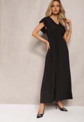 Czarna Rozkloszowana Sukienka z Plisami Maxi z Falbankami przy Ramionach Nethula. Czarne sukienki damskie Renee, bez wzorów, z materiału, bez ramiączek. W wyprzedaży za 47.99 zł.