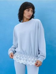 Prążkowana bluza crewneck loose fit z koronką - błękitny. Niebieskie bluzy damskie Sinsay, l, bez wzorów, z koronki, bez kaptura. Za 49.99 zł.