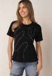 Czarny Bawełniany T-shirt Ozdobiony Cyrkoniami Monomene. Czarne t-shirty damskie Born2be, m, z aplikacjami, z bawełny, bez kołnierzyka. Za 59.99 zł.