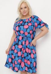 Niebieska Trapezowa Sukienka Bawełniana z Elastycznym Dekoltem i Sznurkiem w Talii Eeraphina. Niebieskie sukienki damskie Born2be, bez wzorów, z bawełny, eleganckie, bez ramiączek. W wyprzedaży za 59.49 zł.