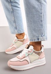 Różowe Sneakersy na Grubej Podeszwie Ozdobione Brokatem Petasse. Czerwone obuwie sportowe damskie Born2be, bez zapięcia. Za 59.99 zł.