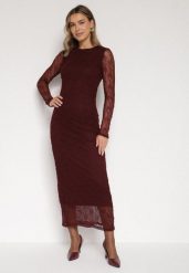 Bordowa Dopasowana Sukienka Koronkowa z Długim Rękawem Zenika. Czerwone sukienki damskie Born2be, bez wzorów, z futra, eleganckie, bez ramiączek. Za 139.99 zł.