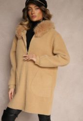 Ciemnobeżowy Rozpinany Płaszcz z Wiskozą Wełną i Futerkiem Xesalttia. Brązowe płaszcze damskie Renee, l, bez wzorów, z futra, bez kaptura. Za 229.99 zł.