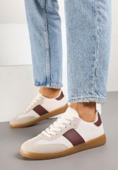 Beżowo-Bordowe Sneakersy Tenisówki w Kultowym Stylu Neolithaen. Białe obuwie sportowe damskie Renee, z jeansu, bez zapięcia, tenisowe. Za 74.99 zł.