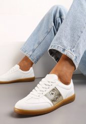 Biało-Złote Sneakersy na Płaskiej Podeszwie z Wiązaniem i Ozdobną Wstawką Drukesti. Białe obuwie sportowe damskie Renee, z materiału, bez zapięcia. Za 69.99 zł.