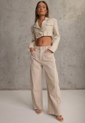 Beżowe Jeansy z Bawełny Typu Balloon High Waist Ozdobione Przeszyciami Eunaris. Brązowe jeansy damskie Renee, bez wzorów, z bawełny. Za 119.99 zł.