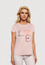 Jasnoróżowy T-shirt z Krótkim Rękawem i Ozdobnym Nadrukiem Testolene. Czerwone t-shirty damskie Born2be, plus size, bez wzorów, z jeansu, bez kołnierzyka. Za 39.99 zł.