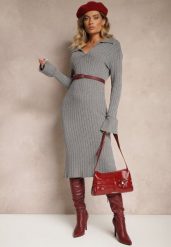 Szara Dopasowana Sukienka z Prążkowanej Dzianiny z Wiskozą z Kołnierzykiem Salivira. Szare sukienki damskie Renee, bez wzorów, z dzianiny, eleganckie, bez ramiączek. Za 114.99 zł.
