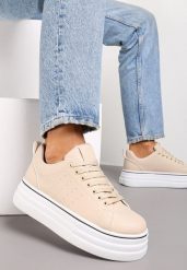 Beżowe Sznurowane Sneakersy na Platformie z Ekoskóry z Przeszyciami Onurte. Brązowe obuwie sportowe casual damskie Renee. Za 74.99 zł.