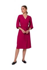 Sukienka elegancka kopertowa z bufiastymi rękawami śliwka. Sukienki damskie Sukienki.shop, bez wzorów, biznesowe, bez ramiączek. Za 349.00 zł.