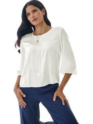 Heine Bluzka w kolorze białym rozmiar: 44. Białe bluzki damskie Heine, bez wzorów, bez kołnierzyka, bez ramiączek. Za 165.99 zł.