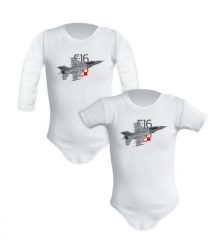 F-16 — body (Rozmiar: 12M; Długość rękawa: krótki; Rodzaj nadruku: F-16). Body niemowlęce nikiniki, bez wzorów, z bawełny, bez kołnierzyka, bez ramiączek. Za 59.00 zł.