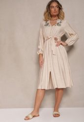 Beżowa Rozkloszowana Sukienka z Wiskozą Zdobiona Haftem i Wiązanym Paskiem Elvania. Brązowe sukienki damskie Renee, z aplikacjami, z wiskozy, bez ramiączek. Za 119.99 zł.