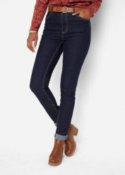 Jegginsy high-waist z wygodnym pasem. Niebieskie jeansy damskie bonprix, z podwyższonym stanem. Za 109.99 zł.