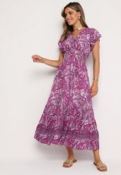 Fioletowa Rozkloszowana Kopertowa Sukienka z Bawełny o Wzorze Paisley z Gumką w Talii Zonne. Fioletowe sukienki damskie Born2be, bez wzorów, z bawełny, eleganckie, bez ramiączek. Za 89.99 zł.