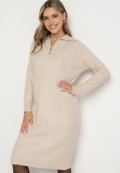 Jasnobeżowa Sukienka z Bawełną i Wełną z Kołnierzykiem na Suwak Tereithra. Brązowe sukienki damskie Born2be, bez wzorów, z bawełny, eleganckie, bez ramiączek. W wyprzedaży za 67.99 zł.