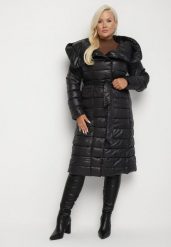 Czarna Długa Kurtka Ozdobiona Pikowaniem i Szerokim Kołnierzem Erinallia. Czarne kurtki damskie Born2be, plus size, bez wzorów, z dzianiny, bez kaptura. Za 309.99 zł.