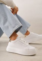 Biało-Złote Sneakersy VICES Ozdobione Gwiazdą i Błyszczącą Wstawką Oranatta. Białe obuwie sportowe damskie Renee, z jeansu, bez zapięcia. Za 89.99 zł.
