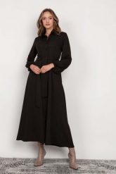 Koszulowa Sukienka Maxi z Bufiastym Rękawem - Czarna. Czarne sukienki damskie Lanti, bez wzorów, z materiału, wizytowe, bez ramiączek. Za 329.90 zł.