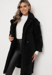 Czarny Płaszcz Teddy z Imitacji Futra Zapinany na Guziki Yohanatis. Czarne płaszcze damskie Born2be, l, bez wzorów, z futra, bez kaptura. Za 229.99 zł.