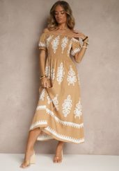 Ciemnobeżowa Sukienka Hiszpanka Ozdobiona Etnicznym Printem Aralette. Brązowe sukienki damskie Renee, bez wzorów, eleganckie, bez ramiączek. W wyprzedaży za 67.99 zł.