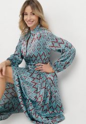 Niebiesko-Bordowa Rozkloszowana Sukienka Ściągana w Pasie Sznurkiem, Zapinana na Guziki Biemarie. Niebieskie sukienki damskie Born2be, bez wzorów, bez ramiączek. W wyprzedaży za 127.49 zł.