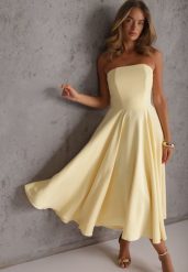 Żółta Gorsetowa Sukienka o Rozkloszowanym Kroju z Dekoltem Bandeau Reunegan. Żółte sukienki damskie Renee, bez wzorów, z poliesteru, eleganckie, bez ramiączek. Za 299.99 zł.