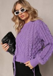 Fioletowy Sweter z Ozdobnym Sznurowaniem na Dole i Ściągaczami Miritu. Fioletowe swetry klasyczne damskie Renee, z wiskozy, bez kołnierzyka. Za 109.99 zł.