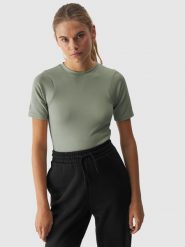 4F T-shirt slim crop-top gładki damski - khaki L. Brązowe t-shirty damskie 4F, l, bez wzorów, z dzianiny, bez kołnierzyka. W wyprzedaży za 29.99 zł.