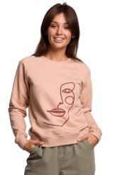 Klasyczna Bluza Dresowa z Nadrukiem - Beżowa. Brązowe bluzy damskie MOE, l, bez wzorów, z bawełny, bez kaptura. Za 219.90 zł.
