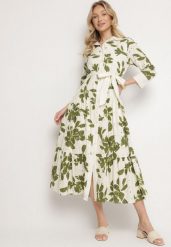 Zielona Bawełniana Sukienka Koszulowa o Rozkloszowanym Kroju z Wiązanym Paskiem Kolorina. Zielone sukienki damskie Born2be, z aplikacjami, z bawełny, eleganckie, bez ramiączek. W wyprzedaży za 178.49 zł.