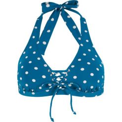 Biustonosz bikini z ramiączkami wiązanymi na szyi, szybko schnący bonprix niebieskozielono-biały w kropki. Niebieskie bikini bonprix, w kropki. Za 59.99 zł.