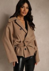 Beżowy Pudełkowy Krótki Płaszcz z Wiskozą z Wiązanym Paskiem i Kołnierzykiem Tusainea. Brązowe płaszcze damskie Renee, bez wzorów, z dzianiny, bez kaptura. Za 179.99 zł.