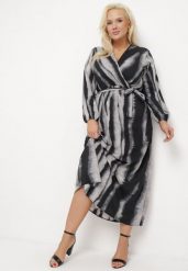Czarno-Szara Rozkloszowana Sukienka Kopertowa Maxi z Paskiem w Talii Ilunita. Czarne sukienki damskie Born2be, bez wzorów, bez ramiączek. W wyprzedaży za 101.99 zł.