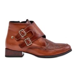 Skórzane Botki Na Niskim Obcasie Z Klamrami Maciejka 06696-02 Brązowe. Brązowe botki damskie ze skóry, eleganckie, bez obcasa, bez zapięcia. Za 605.35 zł.