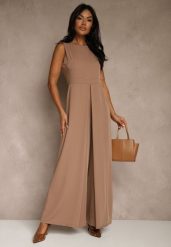 Ciemnobeżowy Taliowany Kombinezon Ozdobiony Zakładkami Berinola. Brązowe sukienki damskie Renee, bez wzorów, eleganckie, bez ramiączek. Za 149.99 zł.