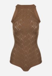 Ciemnobrązowe Body z Wiskozy o Tłoczonej Fakturze Idolina. Brązowe body i gorsety Born2be, bez wzorów, z jeansu. Za 119.99 zł.