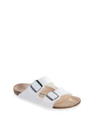 Birkenstock Klapki w kolorze białym rozmiar: 43. Białe klapki damskie Birkenstock, bez wzorów, z materiału, z otwartym noskiem, bez obcasa, bez zapięcia. Za 232.78 zł.