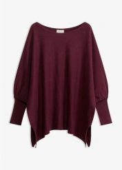 Sweter-peleryna z falistym brzegiem. Czerwone swetry klasyczne damskie bonprix, bez kołnierzyka. Za 134.99 zł.