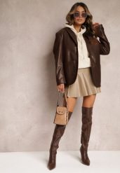 Beżowa Mini Spódnica z Ekoskóry o Rozkloszowanym Fasonie z Plisami Janeve. Brązowe spódnice damskie Renee, l, bez wzorów, mini. Za 44.99 zł.